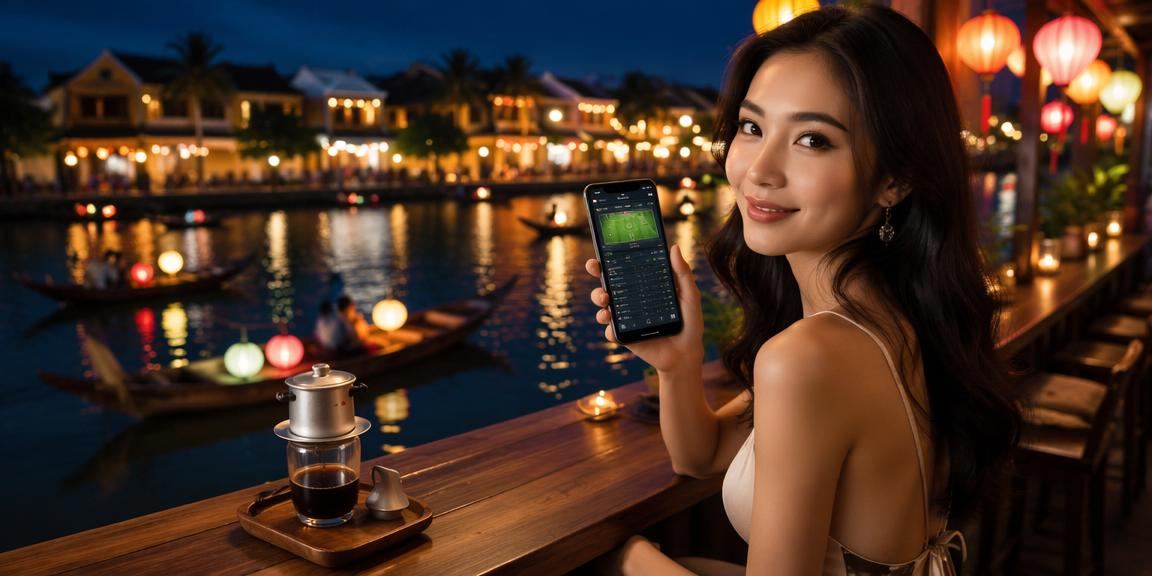 Người dùng đăng nhập tài khoản casino trên điện thoại tại quán cà phê Hội An